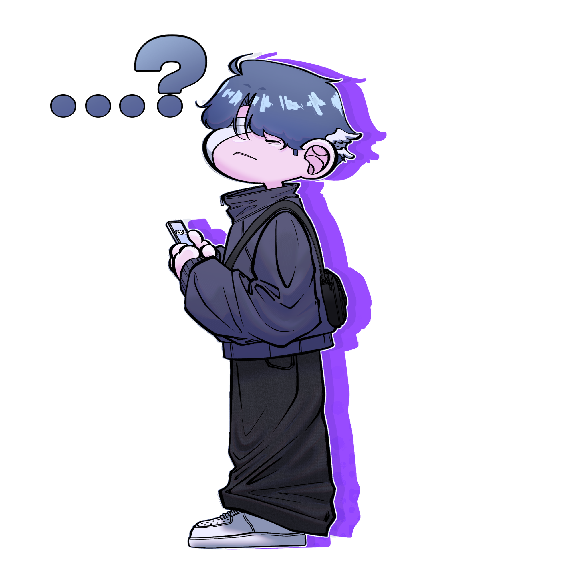 Mox with a question mark and layered green and purple silhouettes