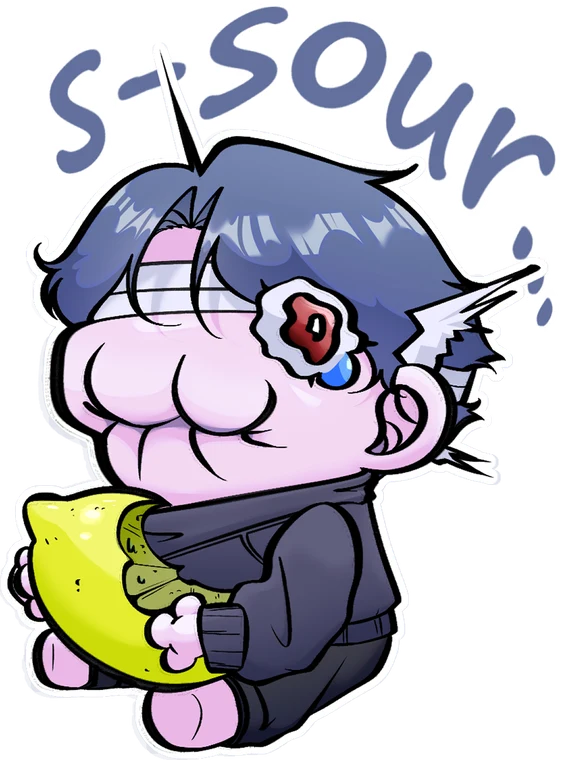 EnEn hugging a bitten lemon, cheeks puffed from the sour taste.
