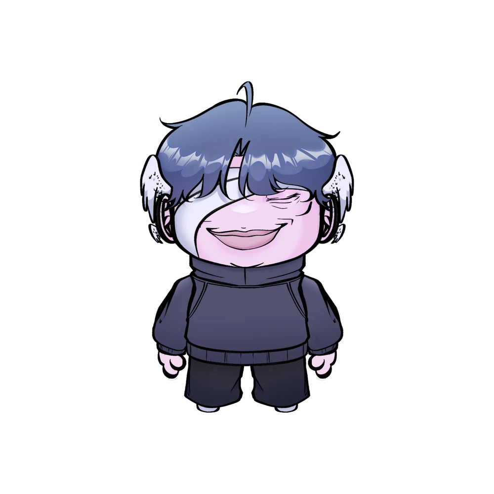 EnEn smiling with eyes closed, wearing a dark sweater and trousers.